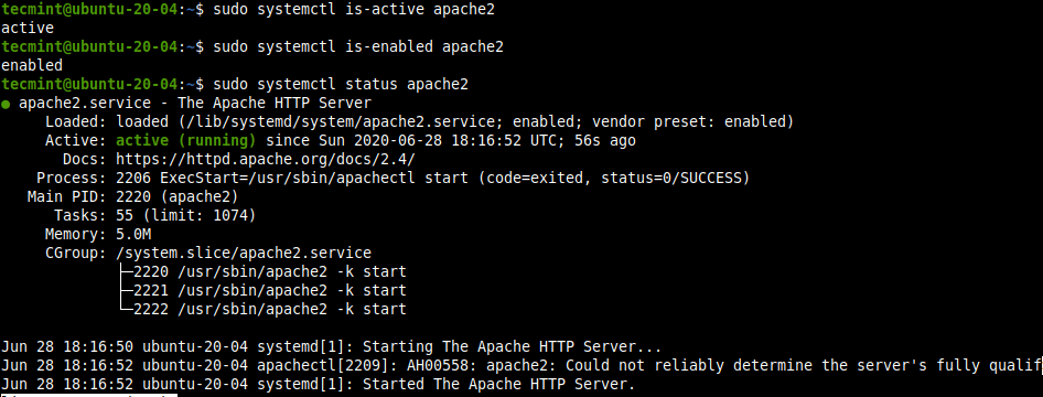 Ubuntu 20.04でApacheサービスを確認する
