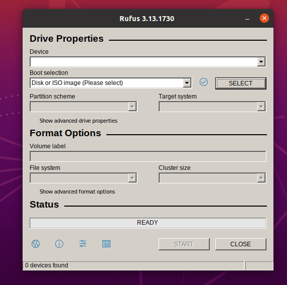Ubuntuで実行されているRufusプログラム