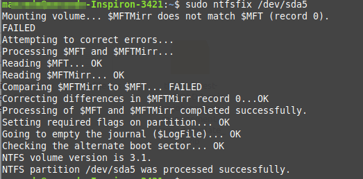 NTFSのマウントに失敗したエラーを修正